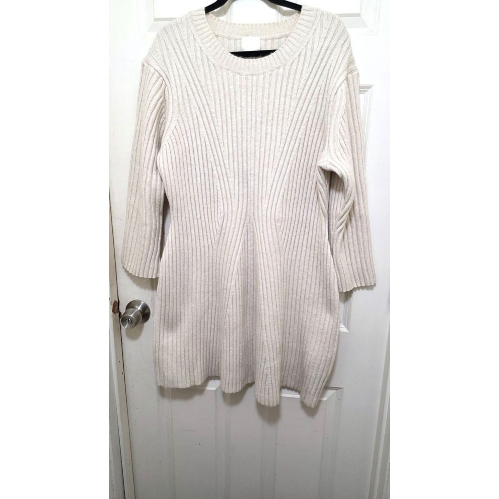 H&M Women's Plus Size Ribbed Knit Sweater Dress XXL Cream Long Sleeves Cotton